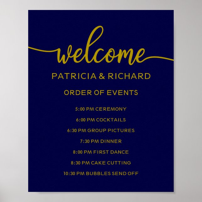 Wedding Order of Events Sign | Gold Navy Blue (Front)