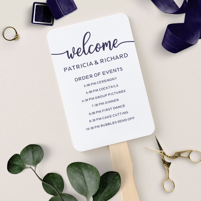Wedding Order of Events Timeline Chic Navy Blue Hand Fan (Creator Uploaded)