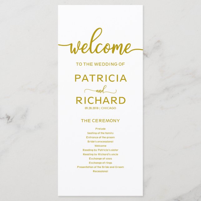 Wedding Order of Service Ceremony Program Gold Programme (Front)