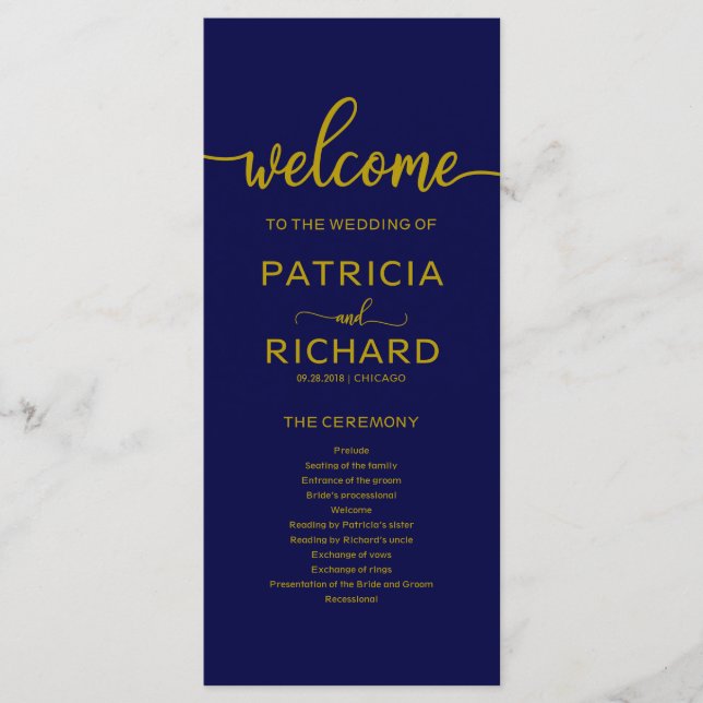 Wedding Order of Service Program Gold Navy Blue Programme (Front)