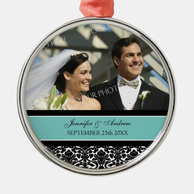 Wedding Ornament Favour Teal Black Damask (Front)