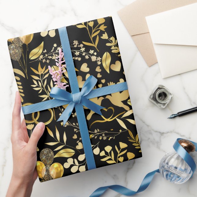 Wedding ornaments pattern in Gold 02 Black BG Wrapping Paper (Gifting)