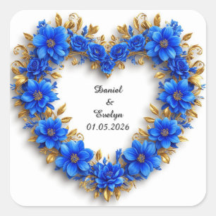 Wedding Ornate Floral Heart Frame Blue Flowers Square Sticker