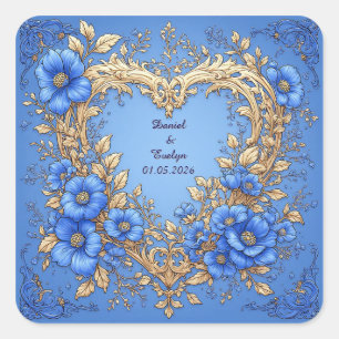 Wedding Ornate Floral Heart Frame Blue Flowers Square Sticker