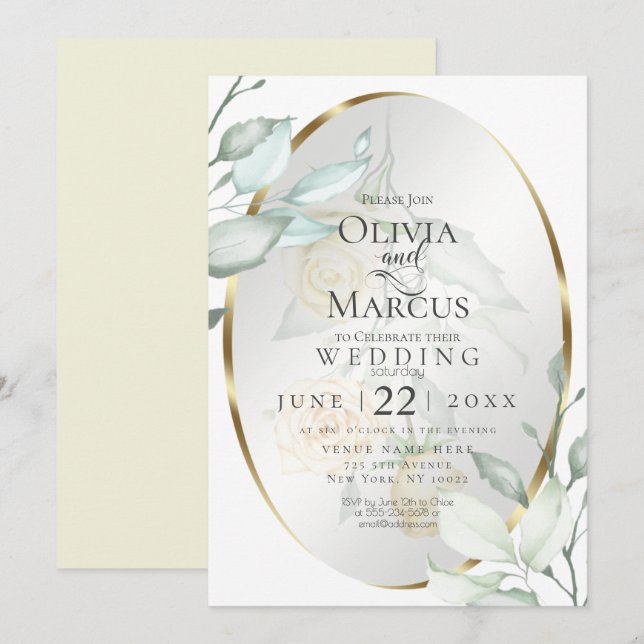 Wedding | Oval Watercolor Ivory Yellow Blush Roses Invitation (Front/Back)