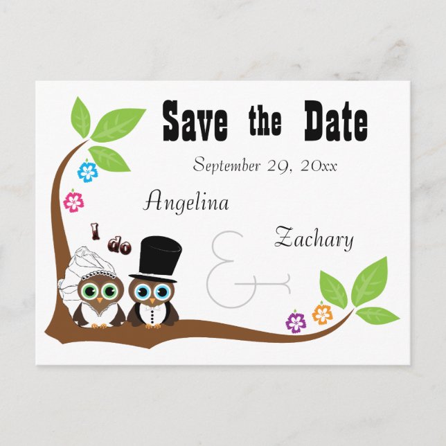 Wedding Owl Bride And Groom Save The Date Announcement Postcard (Front)