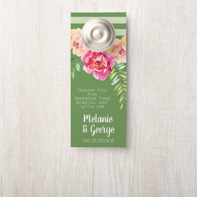Wedding Painted Watercolor Flowers - Green Pink Door Hanger (On Knob)