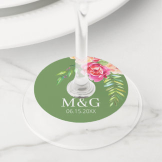 Wedding Painted Watercolor Flowers - Green Pink Wine Glass Tag