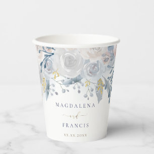 wedding pale blue roses paper cups