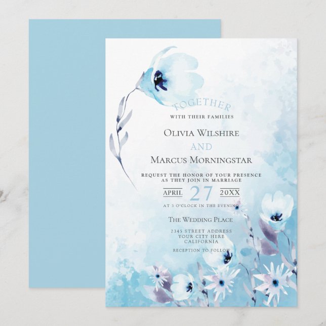Wedding | Pale Blue Watercolor Anemone Garden Invitation (Front/Back)
