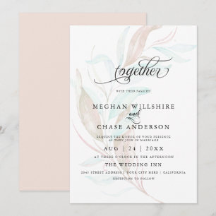 WEDDING   Pale Coral Teal Watercolor Foliage Invitation