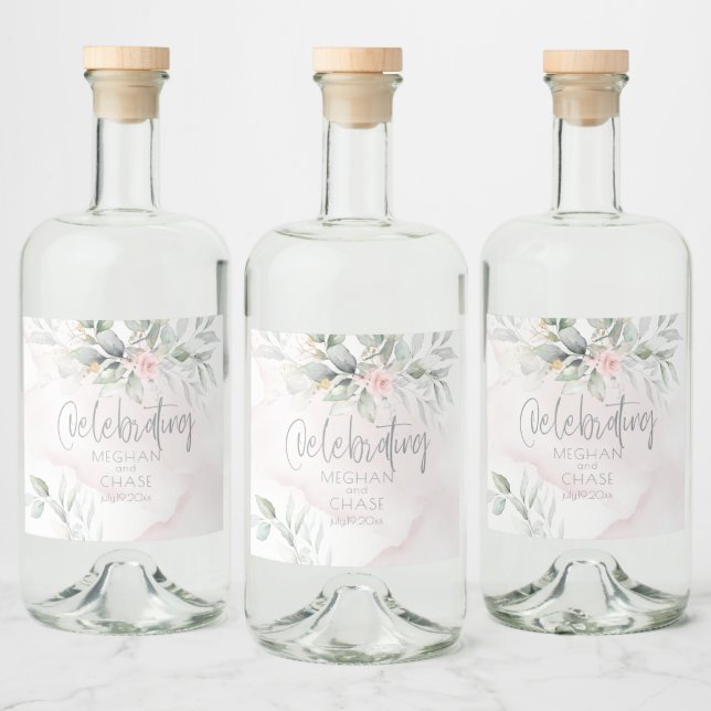 Wedding | Pale Green Foliage Blush Pink Roses Liquor Bottle Label (Bottles)