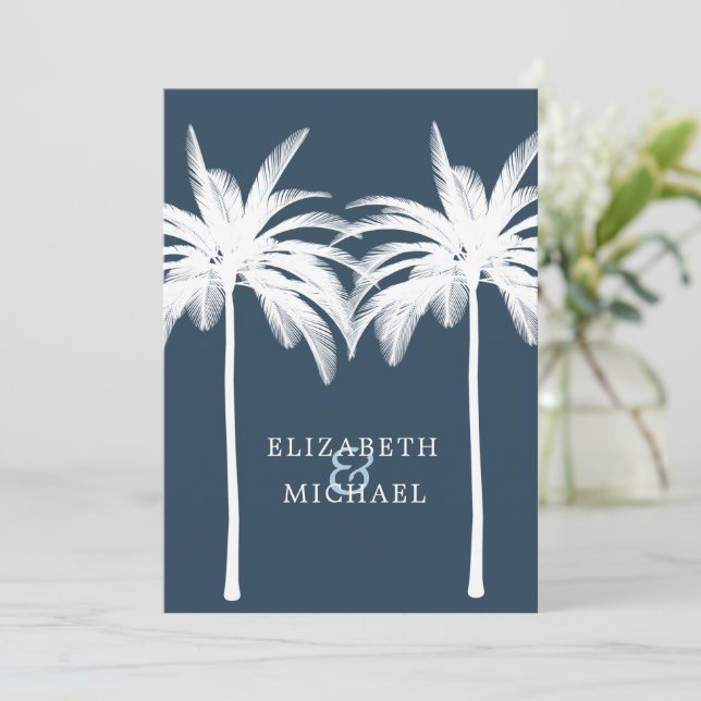 Wedding Palm Elegant Modern White  Blue Formal Invitation (Standing Front)