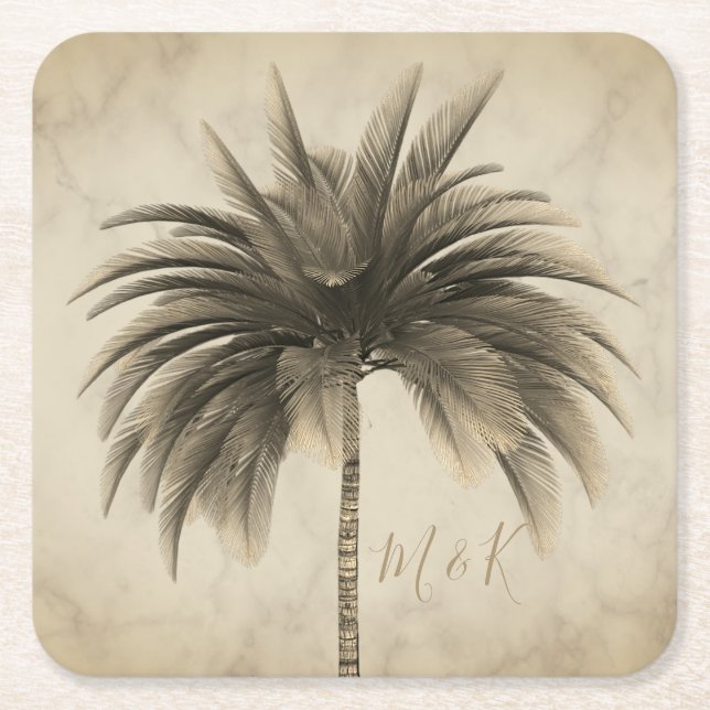 Wedding Palm Tree Elegant Retro Chic Marble Square Paper Coaster (Front)