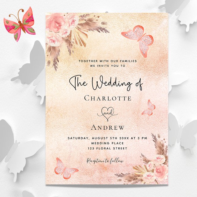 Wedding pampas blush rose floral butterfly luxury invitation (Creator Uploaded)