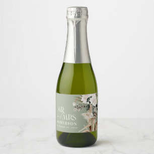 Wedding pampas eucalyptus modern mr and mrs party sparkling wine label