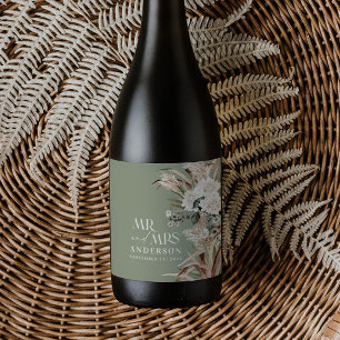 Wedding pampas eucalyptus modern mr and mrs party  wine label