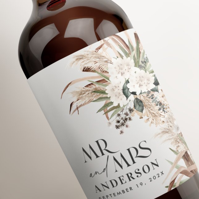 Wedding pampas eucalyptus modern mr and mrs party wine label (Creator Uploaded)