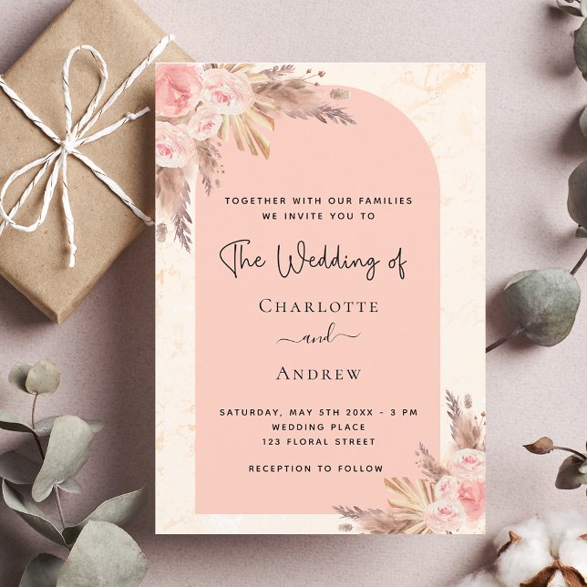 Wedding pampas grass rose gold blush boho invitation postcard (Creator Uploaded)