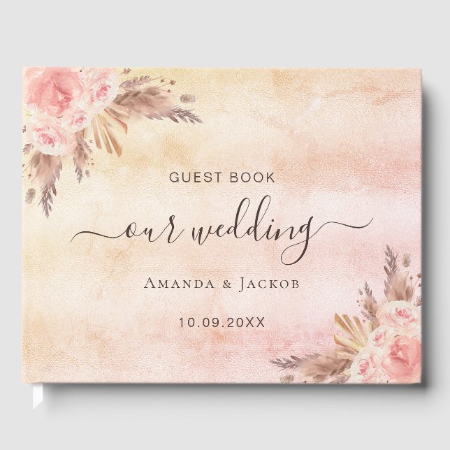 Wedding pampas grass rose gold blush pink boho  guest book (Front)