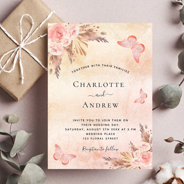 Wedding pampas grass rose gold butterfly luxury invitation (Creator Uploaded)