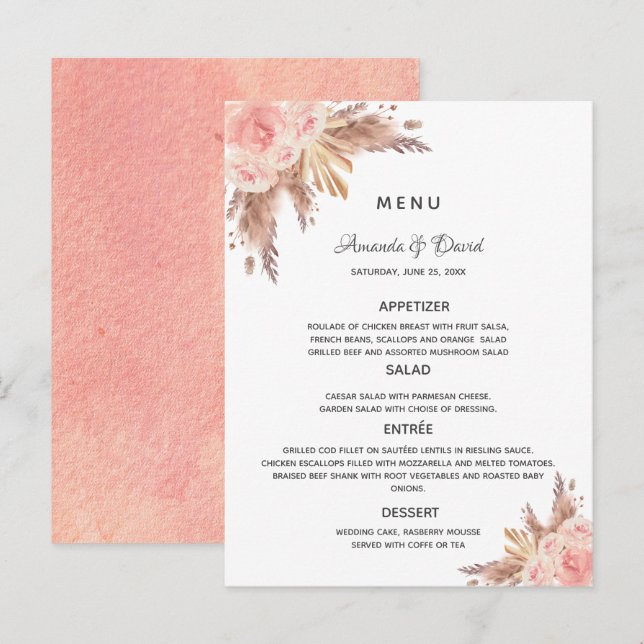 Wedding pampas grass rose gold floral menu card (Front/Back)