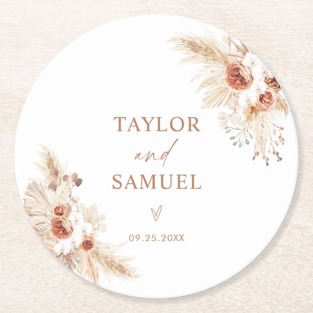 Wedding Paper Coasters | Boho Pampas Grass Decor (Front)