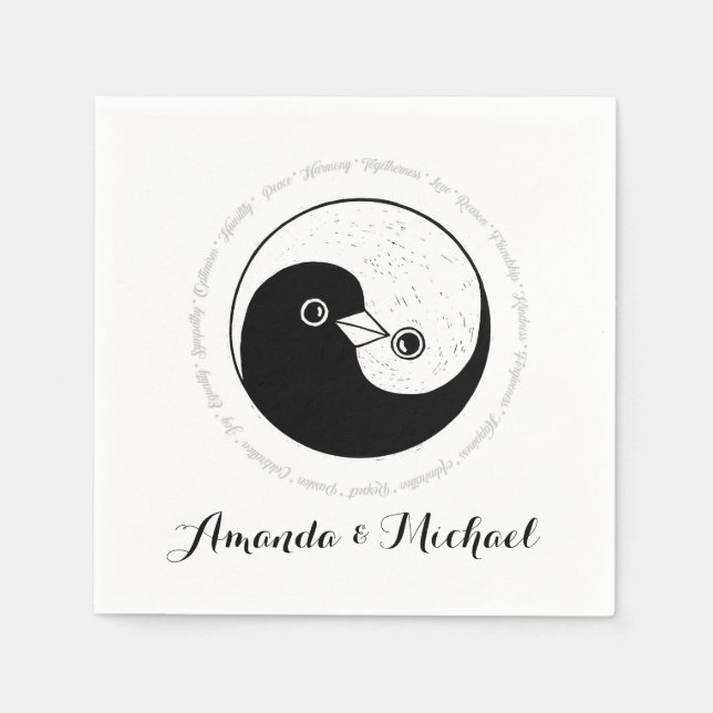 WEDDING PAPER NAPKIN. b/w YinYang doves. Napkin (Front)