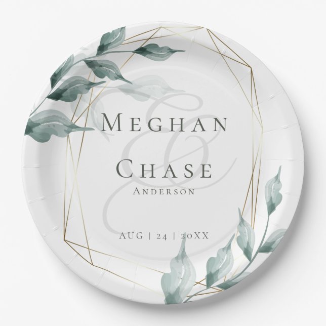 Wedding Paper Plate  | Greyed Jade Green Botanical (Front)