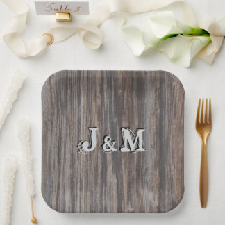 Wedding Paper Plates Wood Look Initials in Centre