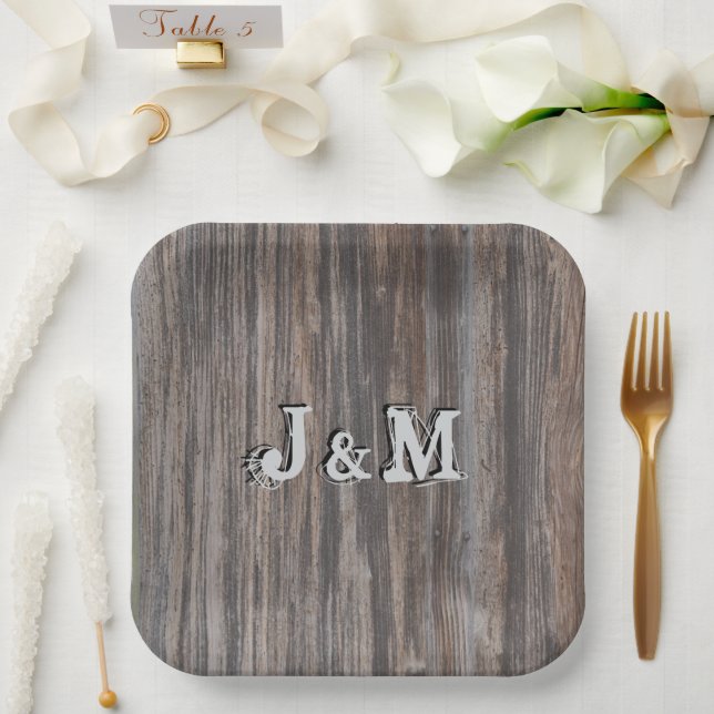 Wedding Paper Plates Wood Look Initials in Centre (Wedding)