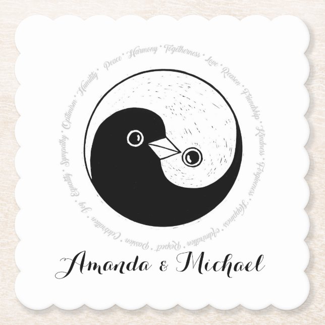 WEDDING PARTY COASTER. b/w YinYang doves Paper Coaster (Front)