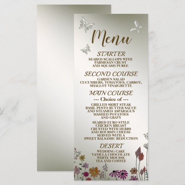 Wedding Party Colourful Garden Flowers Butterflies Menu (Front/Back)