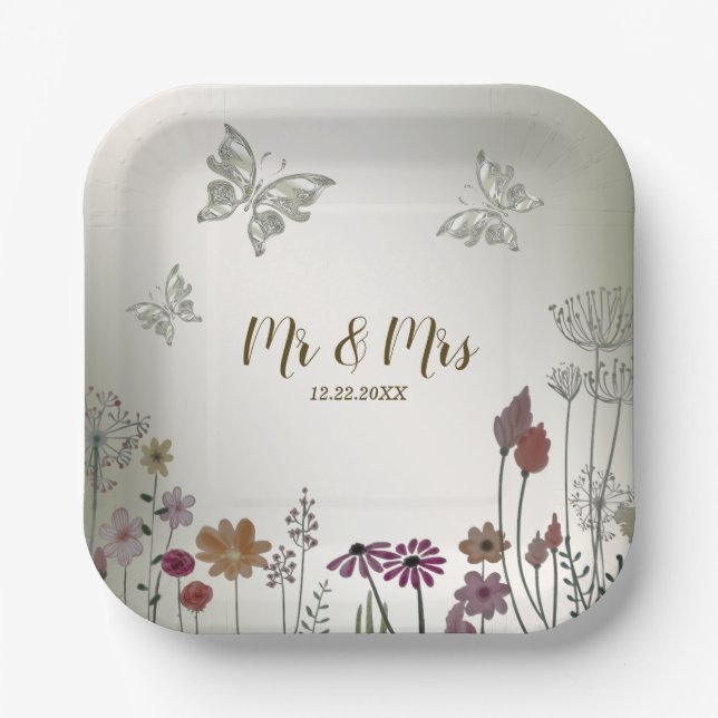 Wedding Party Colourful Garden Flowers Butterflies Paper Plate (Front)
