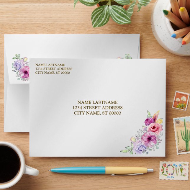 Wedding Party Colourful Pink Floral Golden Envelope (Desk)
