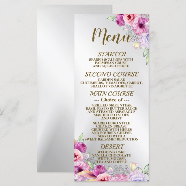 Wedding Party Colourful Pink Floral Golden Frame Menu (Front/Back)