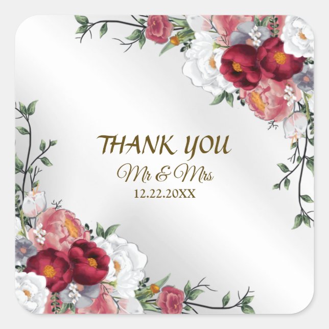 Wedding Party Colourful Red Floral Silver Elegant Square Sticker (Front)