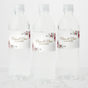 Wedding Party Colourful Red Floral Silver Elegant Water Bottle Label