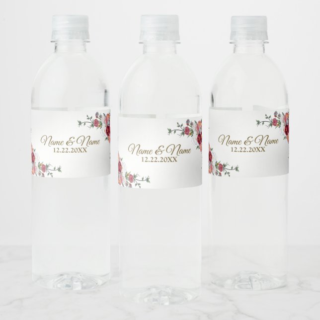 Wedding Party Colourful Red Floral Silver Elegant Water Bottle Label (Bottles)