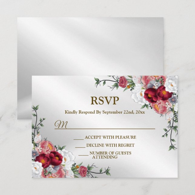 Wedding Party Colourful Red White Floral Silver RSVP Card (Front/Back)
