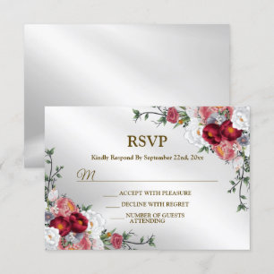 Wedding Party Colourful Red White Floral Silver RSVP Card