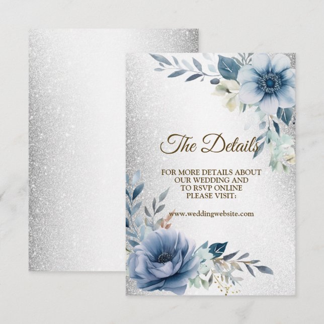 Wedding Party Dusty Blue Watercolor Flowers Silver Enclosure Card (Front/Back)