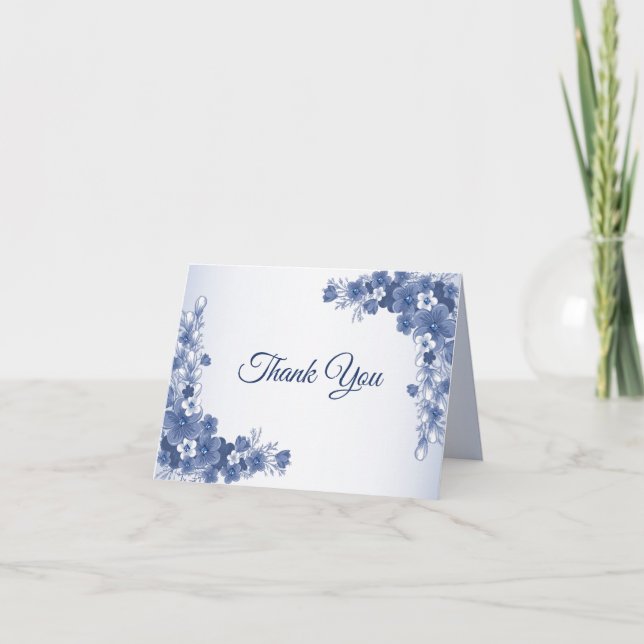 Wedding Party Floral Blue Grey White Rustic Thank You Card (Front)