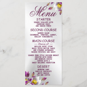 Wedding Party Floral Pink Purple Silver Dinner Menu