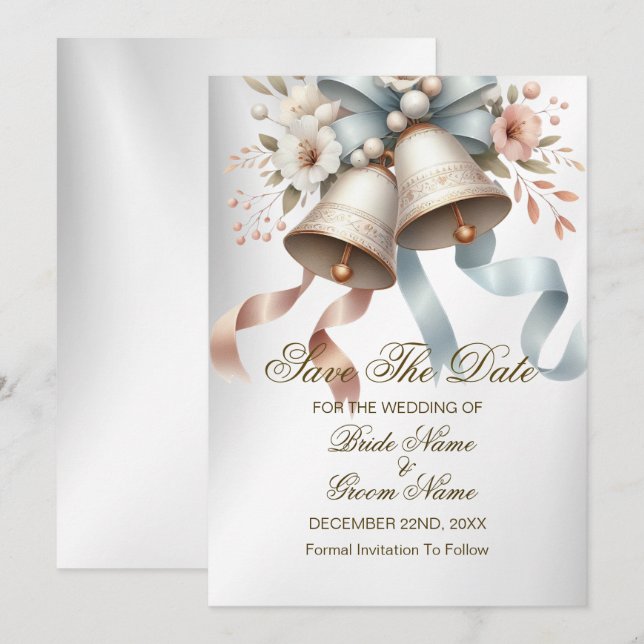Wedding Party Flowers Bells Pink Blue Ribbons  Save The Date (Front/Back)