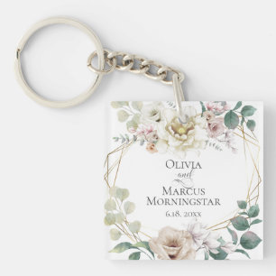 Wedding Party Gift Ivory Watercolor Peony Key Ring