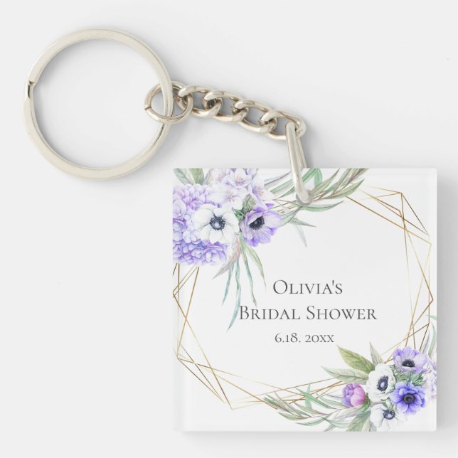 Wedding Party Gift Violet Anemone Floral Bouquet Key Ring (Front)