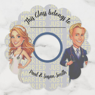 WEDDING PARTY GLASS BLUE editable cartoon doctors Wine Glass Tag