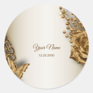 Wedding Party Golden Floral Butterfly Vintage Classic Round Sticker