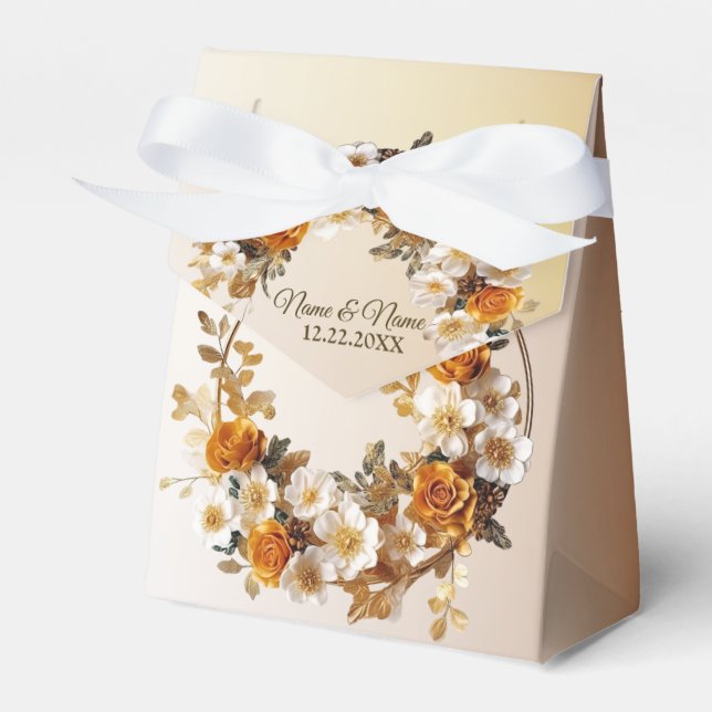 Wedding Party Golden Orange White Flowers Rustic Favour Box (Front Side)